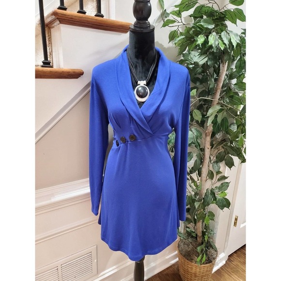 Moqivgi Women's Solid Blue Rayon V-Neck Long Sleeve Knee Length Dress Medium - Picture 10 of 10